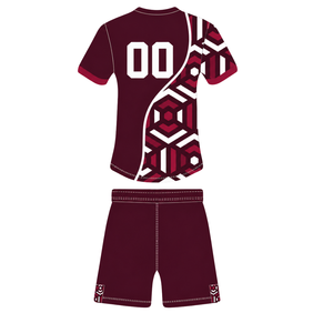 Ensemble short et maillot de rugby géométrique bordeaux, noir et blanc, à manches courtes, col rond, personnalisable, respirant, pour l'entraînement et les sports d'équipe - Product Image 2