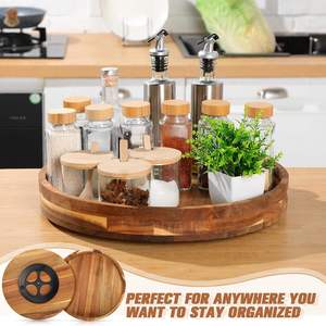 Plateau de service rond en bois d'acacia avec poignées, organisateur rotatif pour comptoir, pour le rangement et la présentation en cuisine - Product Image 3