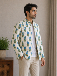 Unisex Winter Quilted Floral Buta Hand Block Printed <b>Mandarin</b> <b>Collar</b> Full Sleeve Breathable Ethnic <b>Jacket</b> Pure Indian Cotton - Product Image 3