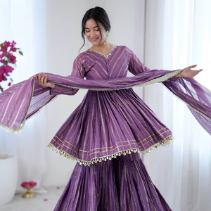 Ensemble de tenue Sharara ethnique Mal Chanderi fait main pour les occasions festives - Product Image 1