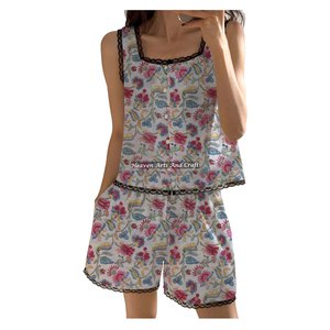Fabrication de pyjamas pour femmes, ensemble de nuit doux avec dentelle, short et haut sans manches, imprimé, printemps/été - Product Image 3