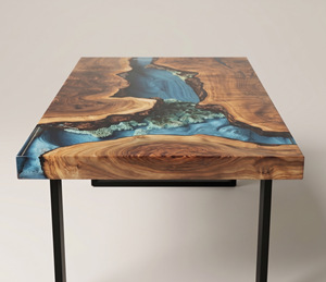 Table en résine époxy, table à manger en résine époxy, table en résine, table en résine époxy pour table rivière, table en bois à bord naturel avec résine époxy - Product Image 1