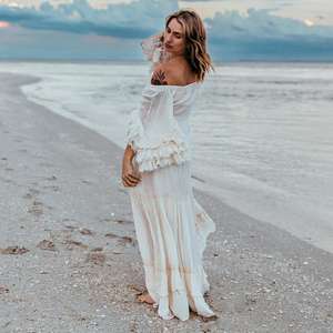 <b>Women</b> off Shoulder White Boho Maxi <b>Dress</b> Flowy Long Beach with Tassel Sleeves Natural Washable Summer Resort Wear - Product Image 4