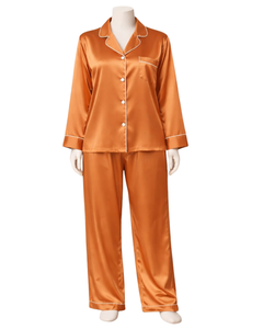 Conjunto de Pijama de Satén Naranja Personalizado para Mujer, Manga Larga, con Botones, Estilo Seda, Ropa de Dormir de Dos Piezas, Conjunto Cómodo para Estar en Casa - Product Image 1