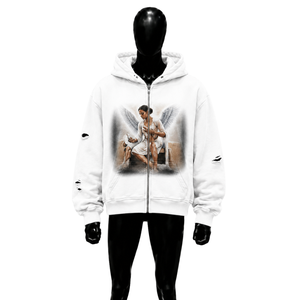 เสื้อฮู้ดดี้กราฟิกสีขาวพรีเมียม พิมพ์ลายแองเจิล ดีไซน์ลำลองทรงโอเวอร์ไซส์ โลโก้ด้านหน้า แขนเสื้อปกติ ผ้าฝ้ายเฟรนช์เทอร์รี่ เหมาะสำหรับใส่ในฤดูใบไม้ร่วง DISTR - Product Image 1