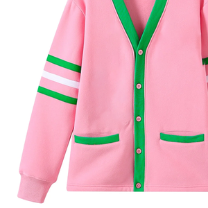 Cardigan en tricot unisexe élégant et décontracté en chenille rose premium, col en V, streetwear, doux, confortable, intemporel, moderne, hiver, logo frontal - Product Image 6