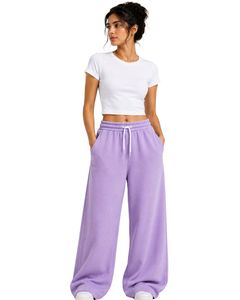 Custom Lavender Women Wide Leg Sweatpants High Waist Loose Fit Casual Streetwear Lounge Fleece <b>Trousers</b> <b>With</b> Drawstring <b>Pockets</b> - Product Image 1