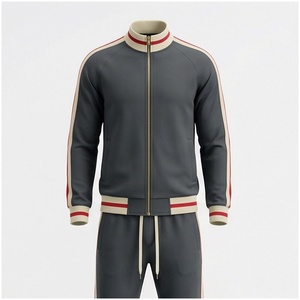 Ensemble de survêtement gris pour homme, manches longues, col montant, fermeture éclair sur le devant, rayé, respirant, coupe classique, vêtements d'automne - Product Image 1