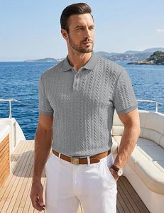 Camisa Polo Casual de Punto Texturizado para Hombre, Camisa de Golf Elástica de Manga Corta, Camisas con Cuello para Hombre para Vacaciones de Verano en la Playa - Product Image 5