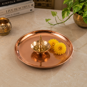 Plateau de prière en cuivre fait main, plateau traditionnel pour la Pooja, plateau Aarti, plateau de prière en cuivre, cadeau pour le festival Diwali, décoration en gros - Product Image 2