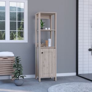 DEPOT E SHOP Mobiletto da bagno a porta singola New Haven in lino con finitura grigio chiaro, due ripiani interni e due ripiani aperti - Product Image 1
