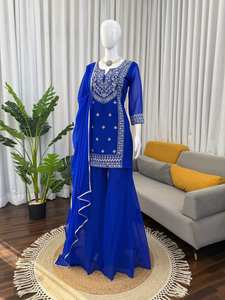 Ensemble Salwar Pakistanaise pour femme en Faux Georgette brodé bleu roi, pour mariage traditionnel, Diwali et tenue de soirée, avec Dupatta, séchage rapide - Product Image 2