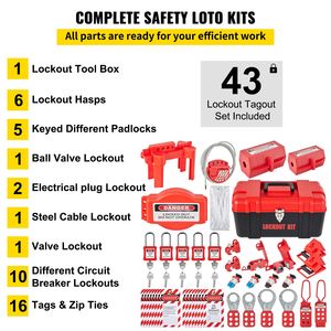 Kit de sécurité électrique 43 pièces avec cadenas, 5 types de fermoirs, étiquettes, attaches et boîte de rangement Locko - Product Image 3