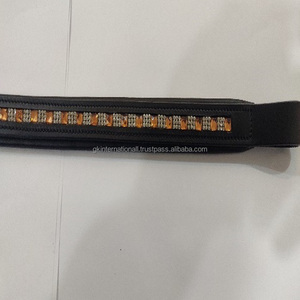 Bracelet à sourcils de cheval en cuir véritable noir, droit rembourré, épais avec chaîne en cristal décorative dans le canal vide - Product Image 3
