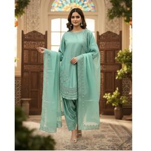 Conjunto de Kurti y Palazzo de Crepé Natural Puro de Diseñador Indio de Primera Calidad con Dupatta para Bodas y Fiestas, Conjunto Especial de Kurti y Palazzo al por Mayor - Product Image 1