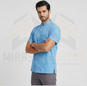 Camisetas de trabajo de manga corta azul claro para hombre, de algodón transpirable, con bolsillos frontales - Product Image 2