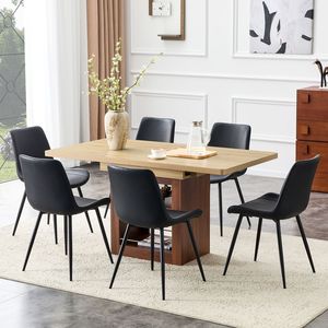 Set da Pranzo Allungabile 59-71 Pollici con Tavolo Estraibile e 6 Sedie in PU Artificiale Nero, Design Curvo e Allargato - Product Image 2