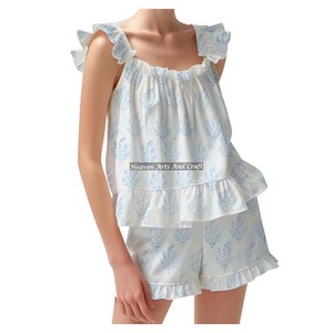 Cotton Hand Block Printed Floral Shorts Pajama Set Ruffle Sleeve Spring/Summer Floral Fitted Strappy Ruffle <b>Trim</b> Sleeves PJ Set - Product Image 1