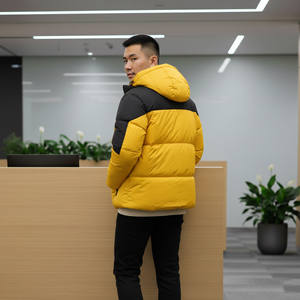 Men <b>Yellow</b> Black Color Block Hooded <b>Puffer</b> <b>Jacket</b> Embroidered Logo Windproof Winter Casual Outerwear Zip Closure Thick Polyester - Product Image 5