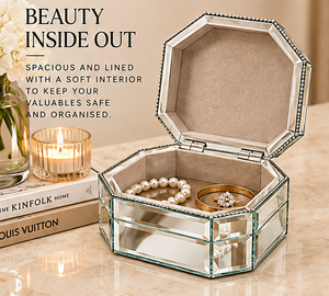 Premium <b>Mirror</b> Glass Jewelry Box Octagonal Shape Butterfly Accent Decorative Keepsake Gift Storage Organizer - Product Image 3