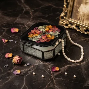Artisan Design Octagonal Black Jewelry Box <b>Mirror</b> Surface Metal Frame Decorative <b>Storage</b> Organizer for Ring Cosmetic Floral - Product Image 4