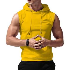 Sweat-shirt à capuche sans manches pour homme, jaune uni, coupe ajustée, en molleton français, décontracté, respirant, tricoté, pour l'été - Product Image 1