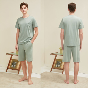 Men Solid Color Two Piece Set Breathable Knitted 100% Cotton <b>Short</b> Sleeve T-Shirt Drawstring <b>Shorts</b> Casual Summer Outfit - Product Image 3