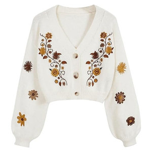 Pull en tricot 100 % coton pour femme, broderie florale, doux, boutons dissimulés, décontracté, haute qualité, respirant, séchage rapide - Product Image 1