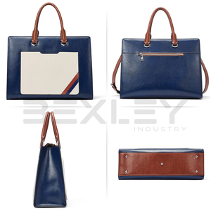 Sac fourre-tout de travail bleu marine à blocs de couleur avec poignées contrastantes marron, poche avant crème, accent géométrique et bandoulière amovible - Product Image 3