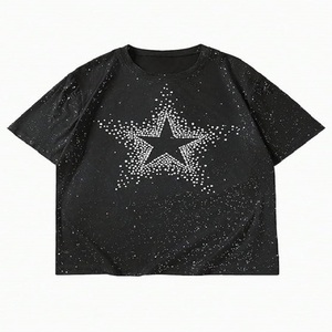 Plus Size Men's <b>Black</b> T-<b>Shirt</b> With Rhinestone Star Print Short Sleeve O-Neck Casual Knitted Geometric Pattern Front Design - Product Image 1