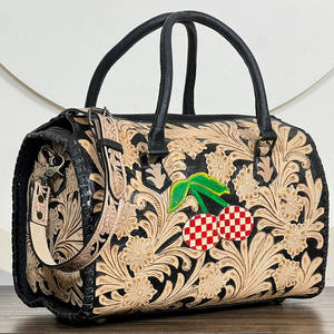 Bolsos de Viaje de Gran Capacidad de Cuero Genuino Turquesa con Diseño Floral a Cuadros y Cerezas, Bolsos de Fin de Semana Rápidos - Product Image 4