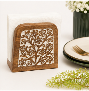 Premium Handcrafted Wooden Napkin <b>Holder</b> With White Floral Inlay Design Rustic Mango Wood <b>Tissue</b> Stand For Dining Table <b>Kitchen</b> - Product Image 6