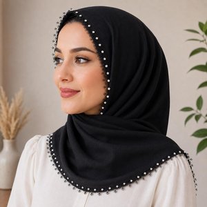 Handmade Stretchable <b>Black</b> Silk Square <b>Scarf</b> Gold Coin Trim Blue Beads Women's Headwear Polyester Embroidery Cross-stitching - Product Image 1