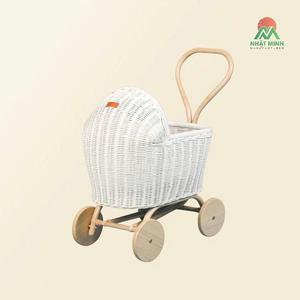 Toy doll <b>stroller</b> <b>for</b> girls; woven from natural rattan; features a wooden 4-wheel design; a toy <b>for</b> children. - Product Image 1