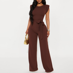Mono de mujer marrón sin mangas de cintura alta con cinturón, ajuste holgado, largo completo, estilo minimalista, para todas las estaciones, el más vendido - Product Image 1