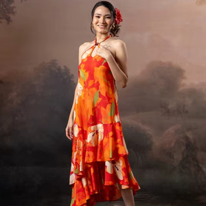 Vestido Midi para Mujer, Sin Tirantes, Ecológico, con Volantes Decorativos, Directo de Fábrica, Plisado, Rojo, Georgette, Estampado Floral, Silueta Holgada - Product Image 1