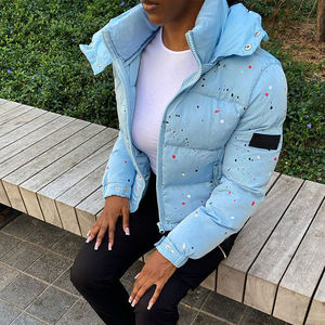 Veste matelassée à capuche bleu clair avec imprimé à pois, fermeture éclair, manteau d'hiver décontracté, longueur courte, rembourrage en polyester - Product Image 6