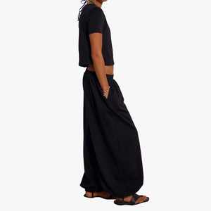Ensemble 2 pièces pour femmes, haut court en coton avec pantalon large, manches courtes, col rond, coupe ample, couleur unie, décontracté, printemps été, ensemble pour femmes - Product Image 4