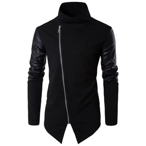 <b>Men's</b> <b>Black</b> Leather <b>Jacket</b> Stand Collar Zipper Closure Slim Fit <b>Long</b> Sleeve Moto Style Spring Wear Outdoor Customized <b>Jacket</b> - Product Image 3