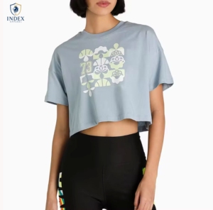 INDEX APPAREL Women's Light Blue Crop <b>Top</b> Crew Neck Short Sleeve Floral Printed Casual Spring Summer Wear - Product Image 1