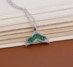 925 Sterling <b>Silver</b> Whale Tail Chain Necklace Lab Grown Emerald Bohemian Designer Dainty <b>Pendant</b> Women's Girls' Wedding Gift - Product Image 1