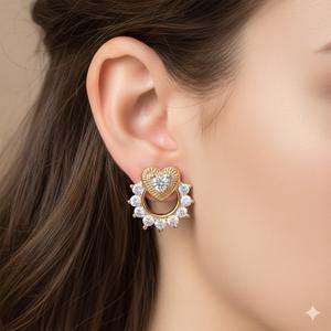 Pendientes de Oro de 14K con Forma de Corazón de Inspiración Vintage, con Círculo de Diamantes Redondos, Regalo de Boda Delicado, Pendientes de Diamantes Cultivados en Laboratorio, Regalo para Mujer - Product Image 3