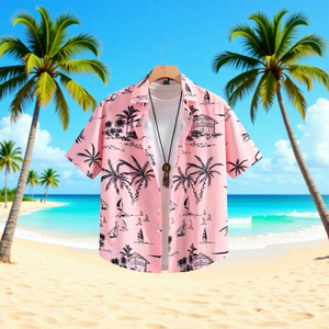 Chemise hawaïenne décontractée à manches courtes pour homme, en polyester respirant, imprimée numériquement en 3D, rose doux, style transfrontalier euro-américain - Product Image 1