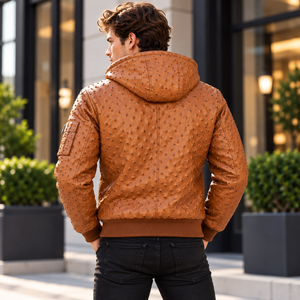 Blouson Bomber Hiver Homme en Cuir de Vachette Marron Respirant avec Fermeture Éclair et Capuche – Vêtement d'extérieur Premium Exotique Décontracté Style Motard - Product Image 3