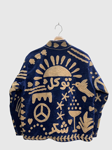 Chaqueta Azul con Cuello Mandarín y Patrón Geométrico Bordado a Mano, Manga Larga, Estilo Blusón de Terciopelo para Otoño - Product Image 2
