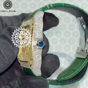 Montre mécanique de luxe Charm Jewels en acier inoxydable, boîtier carré 40 mm, bracelet en cuir vert, accents de diamants, mode masculine, date automatique - Product Image 4