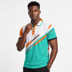 <b>Men's</b> Short Sleeve Polo Shirt With Abstract Striped Print Orange Teal White Color Block Quick Dry Woven Polyester Casual Fit - Product Image 2