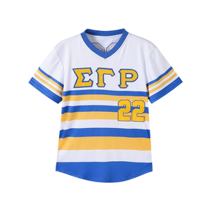 เสื้อเบสบอล SGRHO สีขาว น้ำเงิน ทอง ลายทางตัวอักษรกรีก ปี 1922 แขนสั้น คอวี สำหรับชมรม วิทยาลัย ทีมกีฬา - Product Image 1