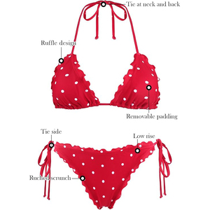 Conjunto de Bikini Rojo con Puntos, Estilo Retro con Volantes, Cuello Halter, Dos Piezas, Traje de Baño Sexy - Product Image 4