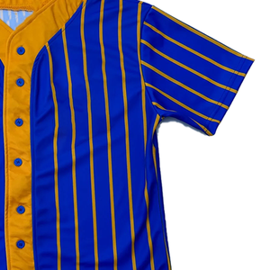 Premium SGRho Gold Pinstripe Jersey Women <b>Baseball</b> Blue Gold Premium Embroidered Greek Apparel Stylish Sporty <b>Baseball</b> Shirt - Product Image 2